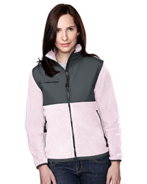 Womens panda fleece jacket with nylon paneling.