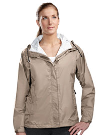 Women waterproof jacket with front zippered pockets.